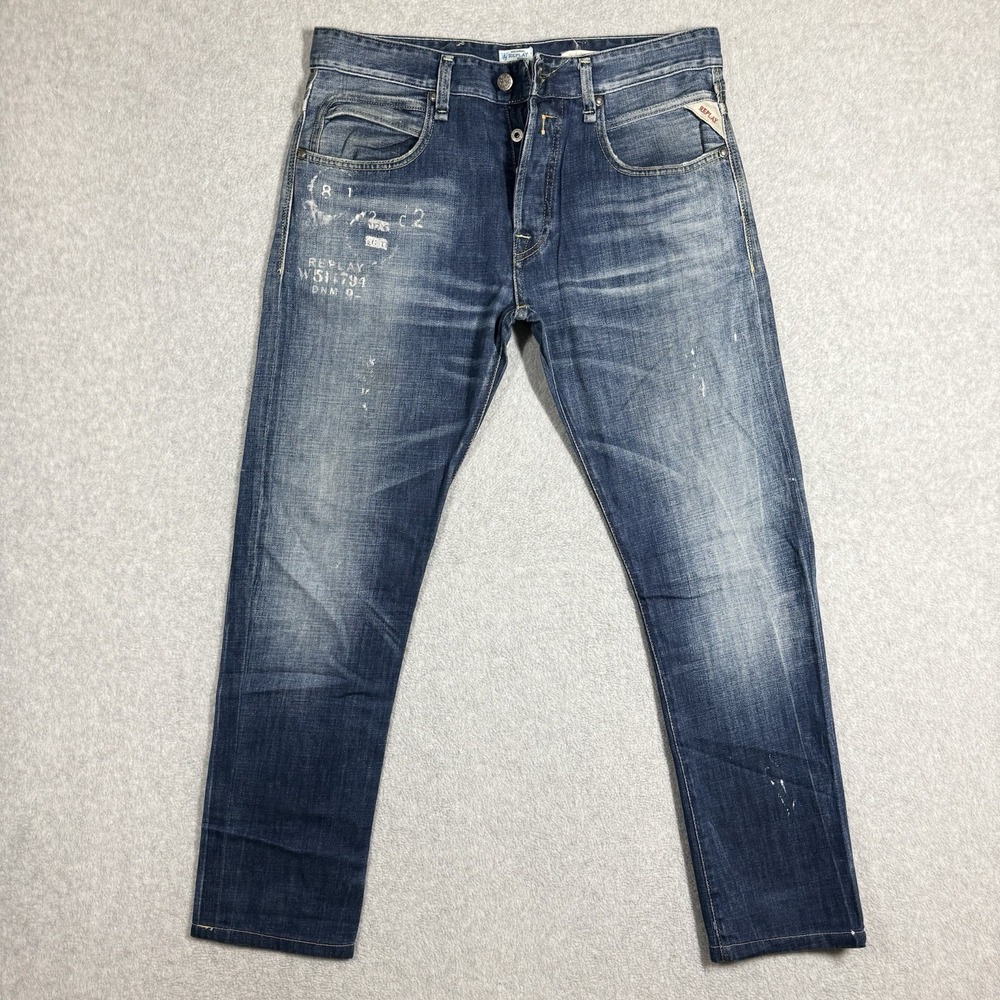 Replay Roltrey M965 Jeans Mens 32x30 Regular Straight Stencil Zip Pockets‎ Faded